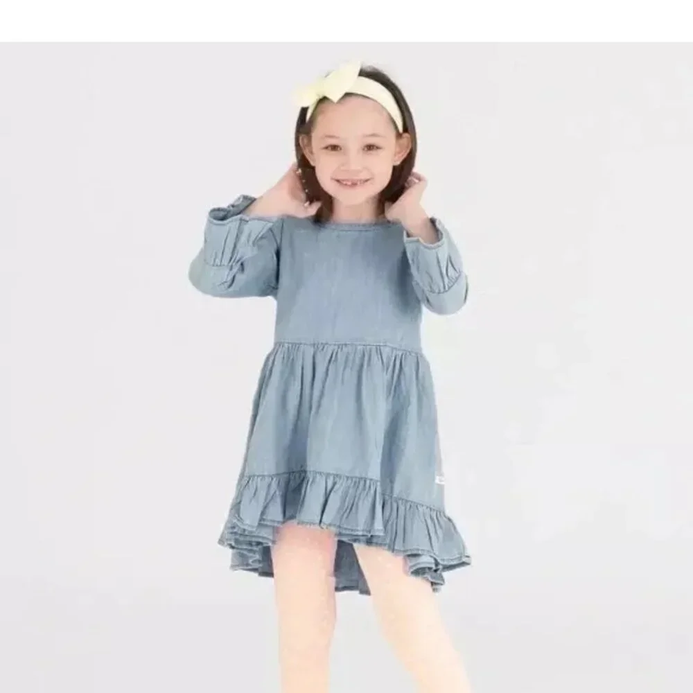 RuffleButts Toddler Girl's Chambray Denim Dress High Low Blue